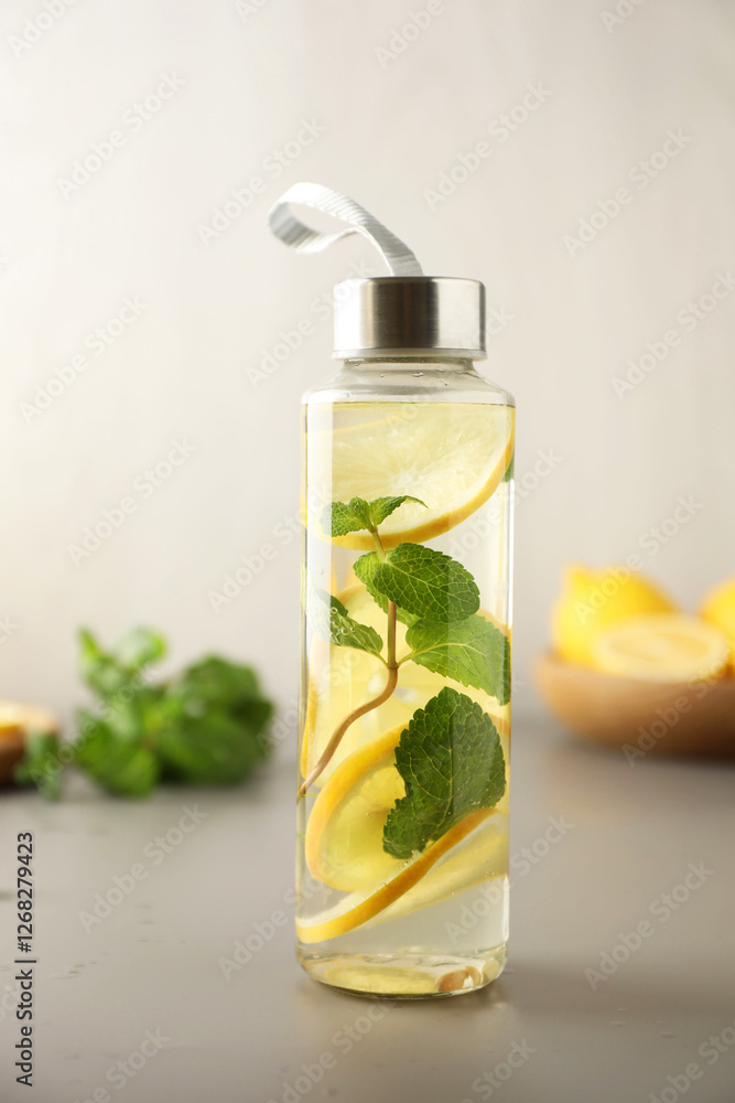 Lemon water with mint in bottle on light grey table Lemon water with mint in bottle on light grey table