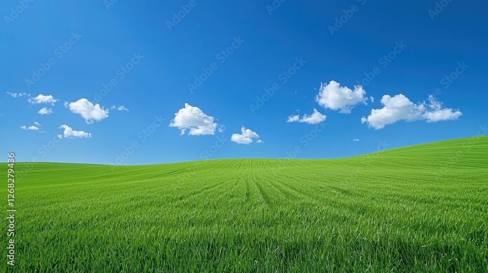 Fototapeta premium Rolling Green Field Under a Blue Sky with Clouds