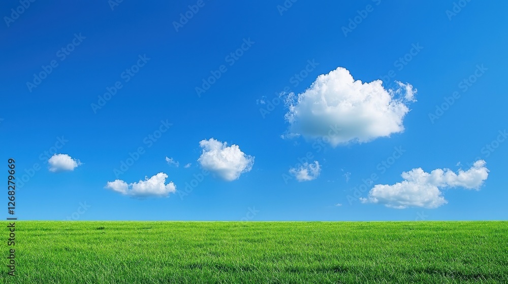 Obraz premium Lush Green Field Under a Vivid Blue Sky With Fluffy Clouds