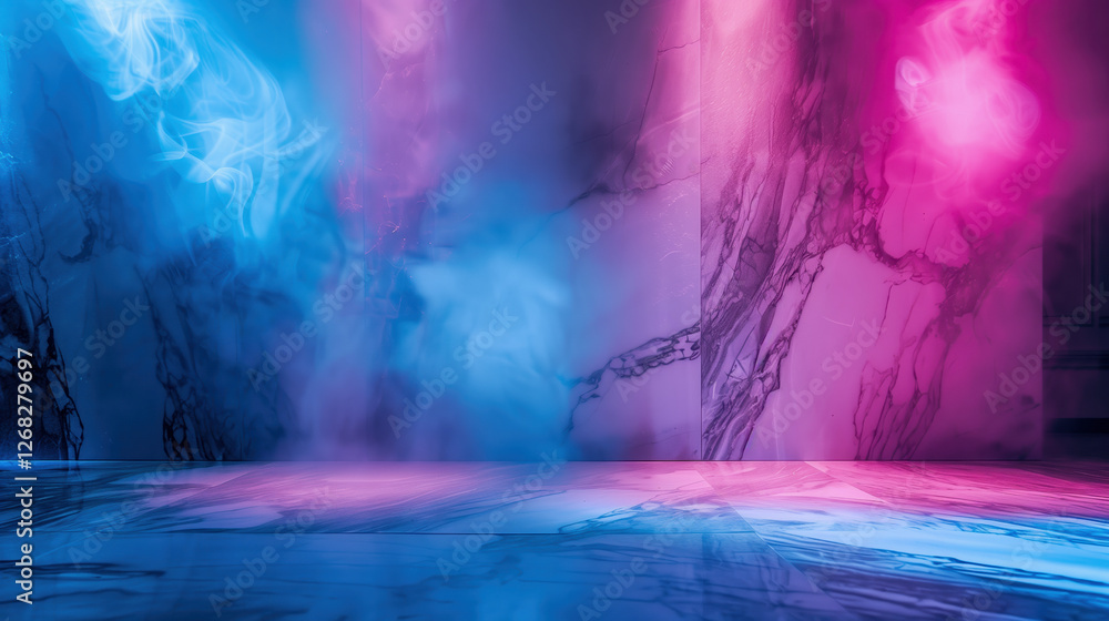 Fototapeta premium Colorful smoke and light effects create a vibrant atmosphere in a marble-inspired setting for an event or performance