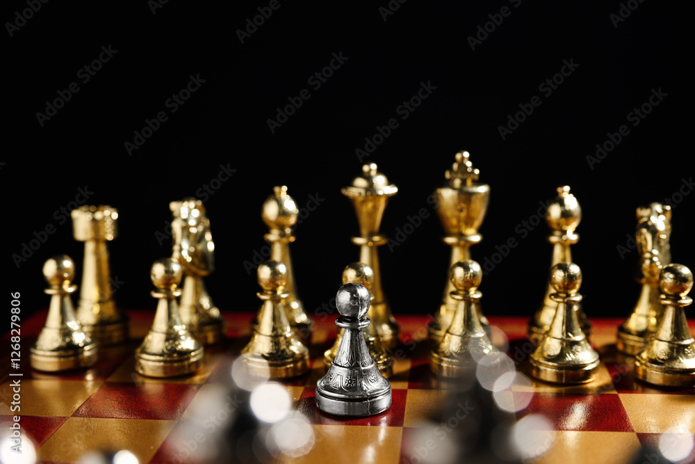 Silver pawn in front of golden chess pieces on chessboard against black background, closeup. Competition concept Silver pawn in front of golden chess pieces on chessboard against black background, closeup. Competition concept