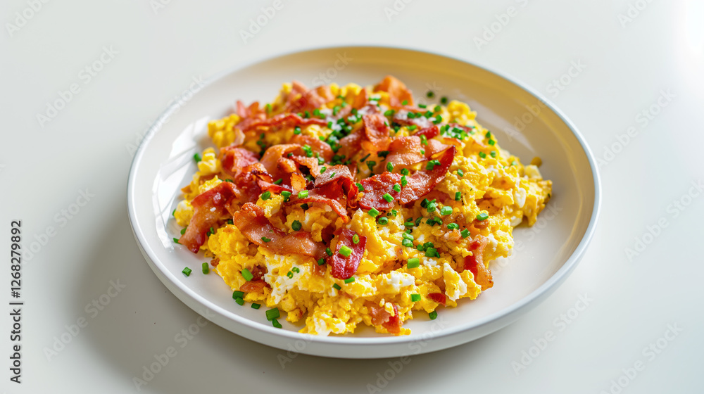 Delicious breakfast plate featuring scrambled eggs topped with crispy bacon and chives at a cozy dining table. Delicious breakfast plate featuring scrambled eggs topped with crispy bacon and chives at a cozy dining table.