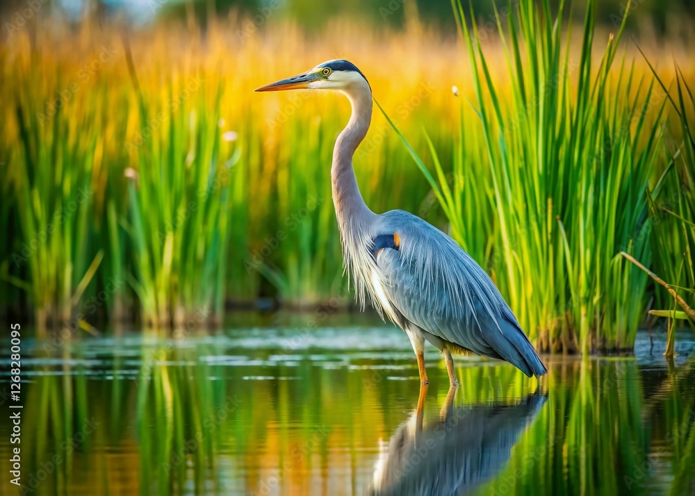 Serene Great Blue Heron in Tranquil Wetland - Minimalist Nature Photography Serene Great Blue Heron in Tranquil Wetland - Minimalist Nature Photography