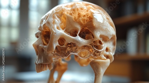 Ornate skull model, medical display, interior setting, library background photo