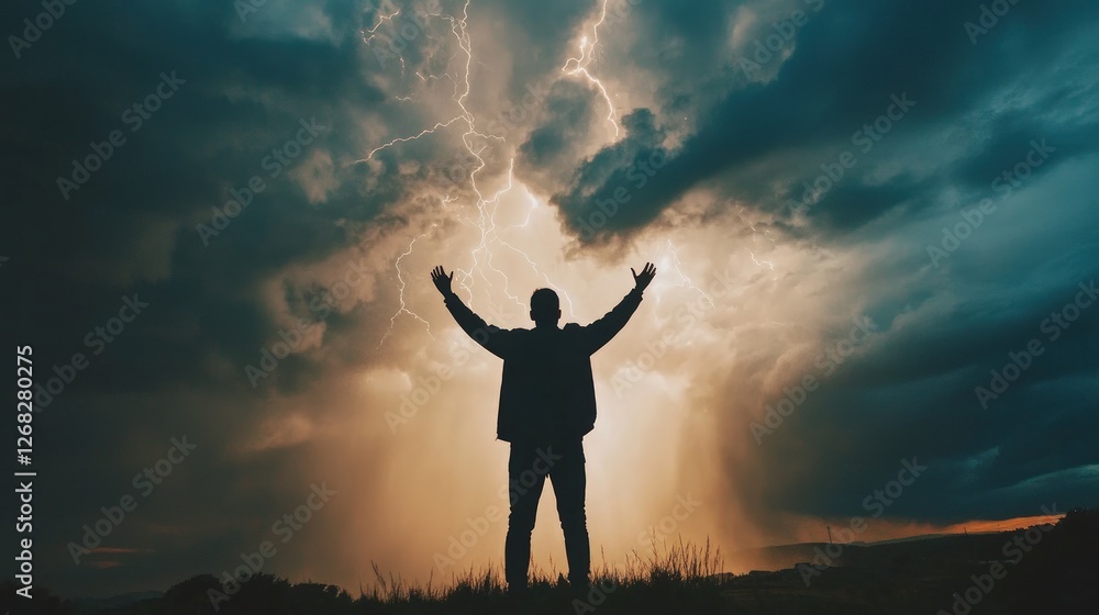 Fototapeta premium Silhouette of man with arms raised during a dramatic lightning storm.