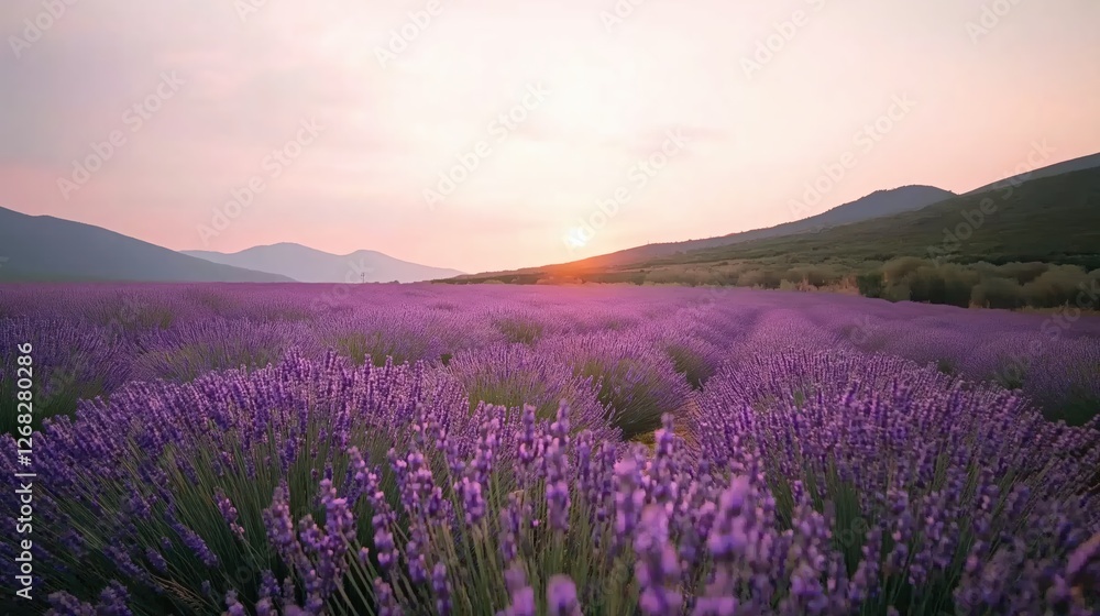 Fototapeta premium Sunset Over a Flower Field in the Mountains. The field is vivid purple. The warm light makes the lan