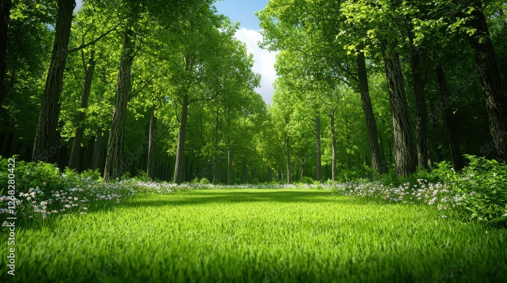 Fototapeta premium Green grassy path between tall trees leads to the sky