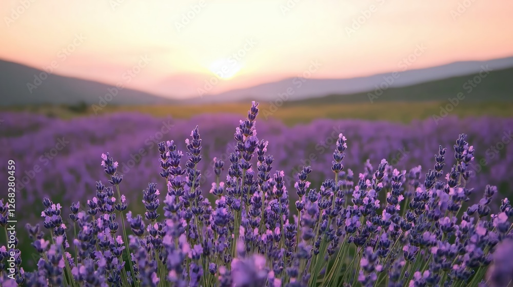 Fototapeta premium Purple Flower Field at Sunset with Mountain Backgrounds ..Keywords .lavender,.sunset,.field,.purple,