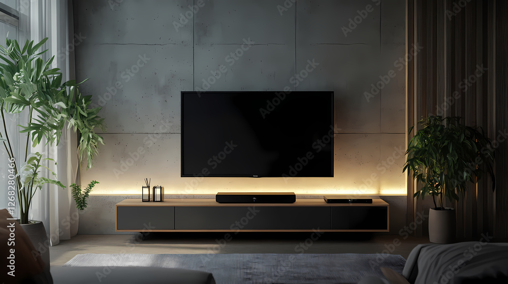 Tv cabinet mockup for a living room with a concrete wall backdrop (night scene). Living Shadow Constructs. Illustration Tv cabinet mockup for a living room with a concrete wall backdrop (night scene). Living Shadow Constructs. Illustration