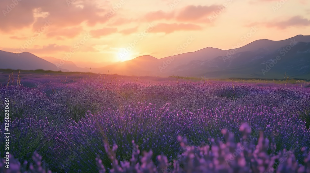 Fototapeta premium Purple Flower Field Sunset Landscape Vibrant Colors Golden Sunlight Mountain Silhouette Serene Natur
