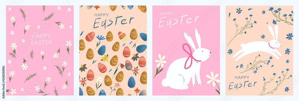 Fototapeta premium Happy Easter. Art set of greeting cards, covers, frames, posters, in a modern style with eggs, hare, spring flowers hand-drawn.