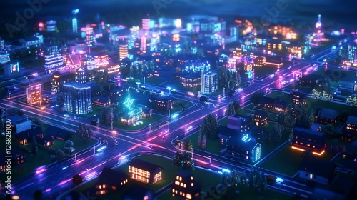 Wallpaper Mural Aerial View of a Futuristic City at Night with Neon Lights and Traffic Trails Torontodigital.ca