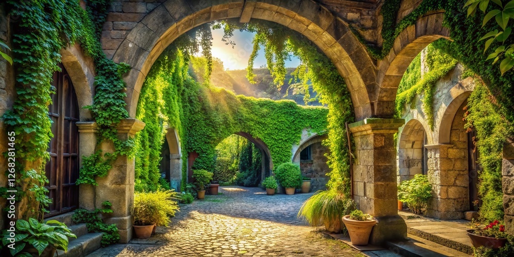 Serene Stone Archway Courtyard: Double Exposure Ivy & Sunlight Stock Photo Serene Stone Archway Courtyard: Double Exposure Ivy & Sunlight Stock Photo