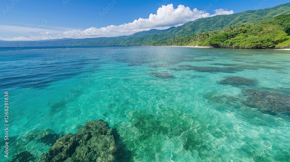 Obraz premium Vibrant Blue Tropical Beach Scene with Lush Vegetation