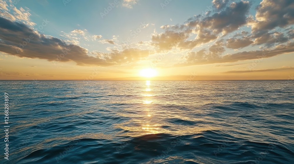 Obraz premium Breathtaking sunset over calm ocean waters, reflecting golden hues