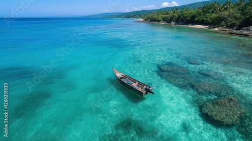 Wallpaper Mural Aerial View of a Small Boat on Turquoise Tropical Water Torontodigital.ca