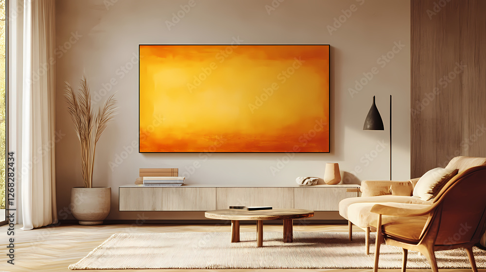 Abstract art in warm yellows and oranges hangs above a modern living room setup. Living Shadow Constructs. Illustration Abstract art in warm yellows and oranges hangs above a modern living room setup. Living Shadow Constructs. Illustration