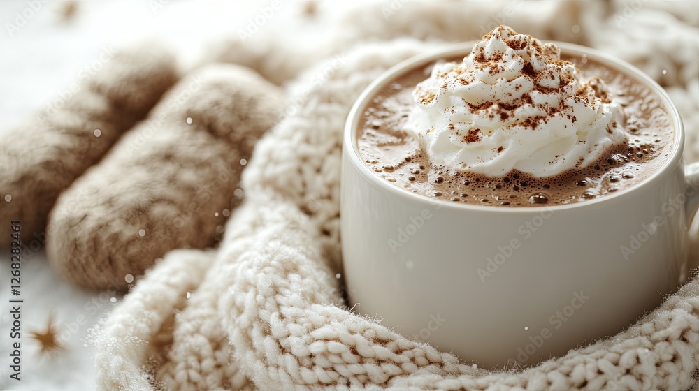 Cozy winter scene featuring a steaming cup of hot chocolate topped with whipped cream and sprinkles, surrounded by soft knit decor and a festive atmosphere Cozy winter scene featuring a steaming cup of hot chocolate topped with whipped cream and sprinkles, surrounded by soft knit decor and a festive atmosphere