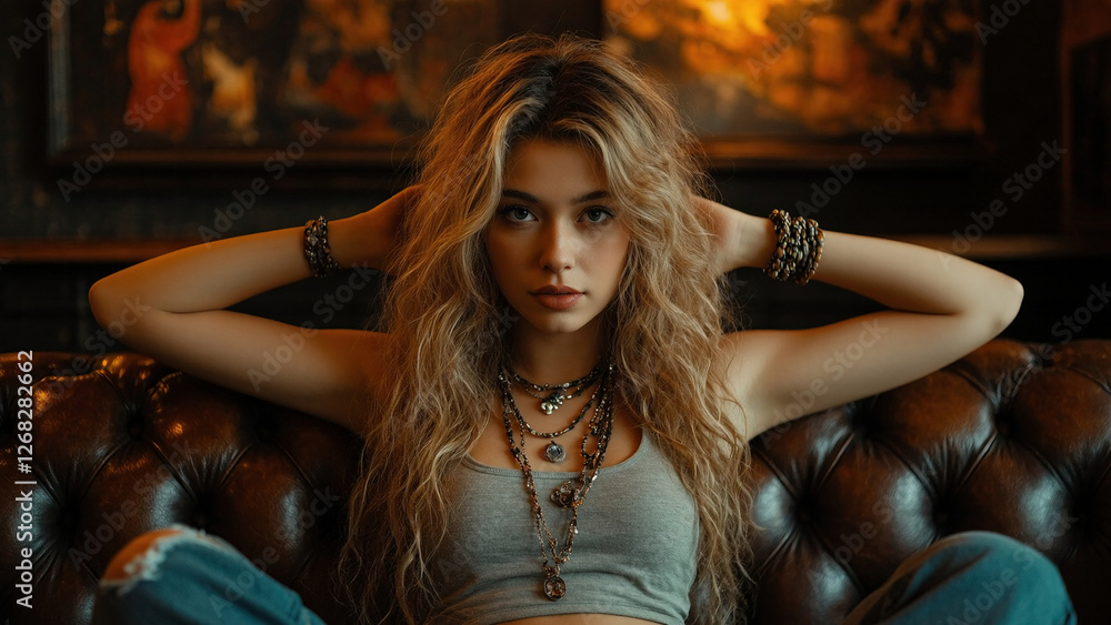 Naklejka premium A woman with long, wavy blonde hair sits on a leather couch, wearing layered necklaces and bracelets, with a confident gaze and a warm, moody background featuring paintings.