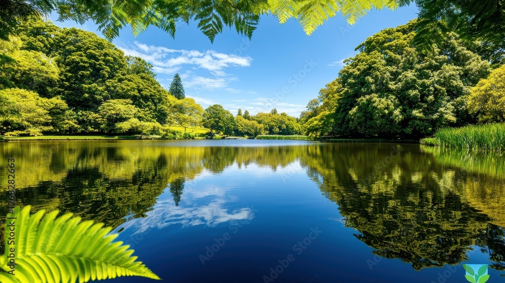 Serene lake surrounded by lush trees reflects the sky Serene lake surrounded by lush trees reflects the sky