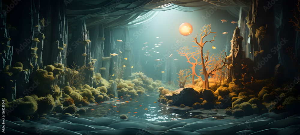 Obraz premium A miniature ocean world model was created using delicate origami techniques to create a three-dimensional effect, Ai Generative