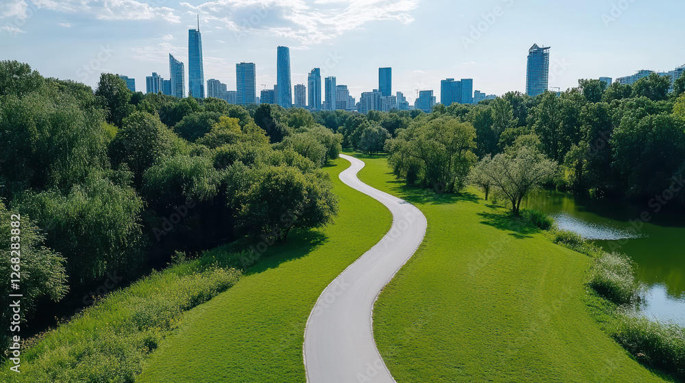 scenic urban skyline view with winding path through green parkland scenic urban skyline view with winding path through green parkland