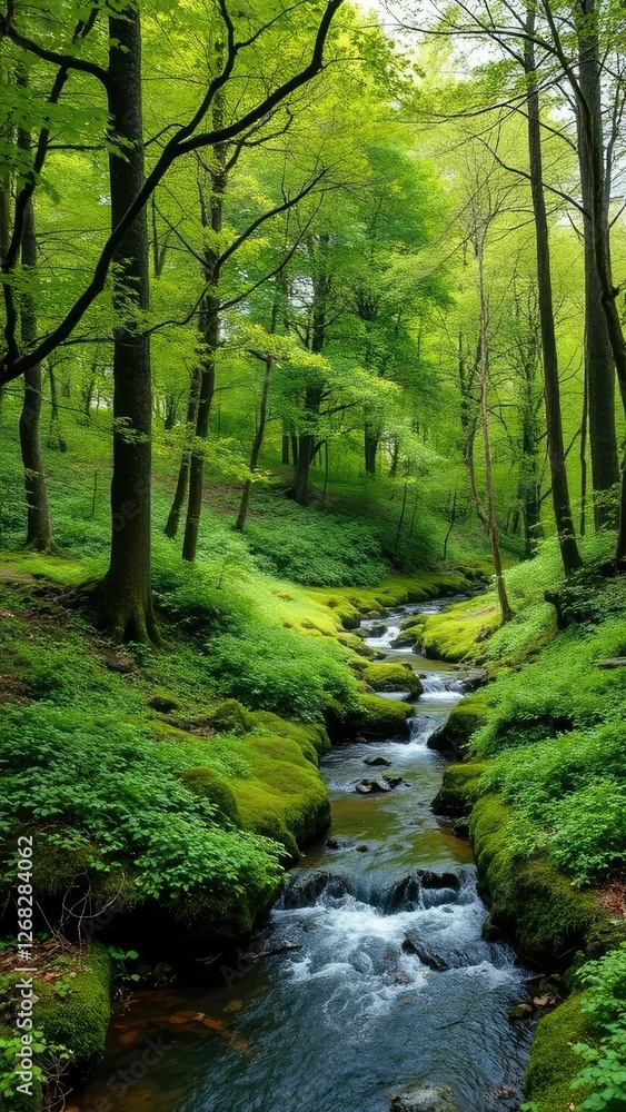 Lush green forest with a small stream flowing through it, trees, nature, water Lush green forest with a small stream flowing through it, trees, nature, water