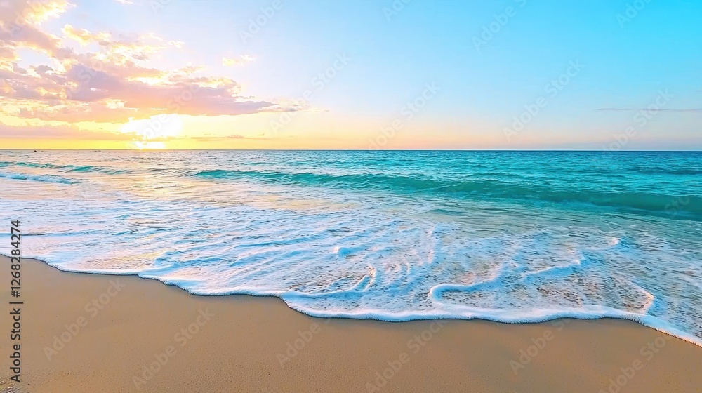 Obraz premium Serene Sunset Over Calm Ocean Waves On Sandy Beach