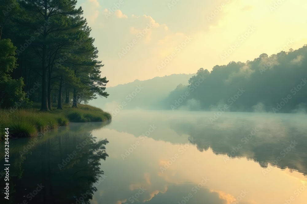Misty morning on the river with forest in the distance, landscape, serene Misty morning on the river with forest in the distance, landscape, serene