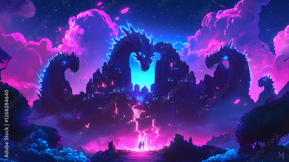 Obraz premium A sky kingdom where massive dragon statues hold up floating islands, their eyes glowing with ancient power. Thunder-Chained Titans. Illustration