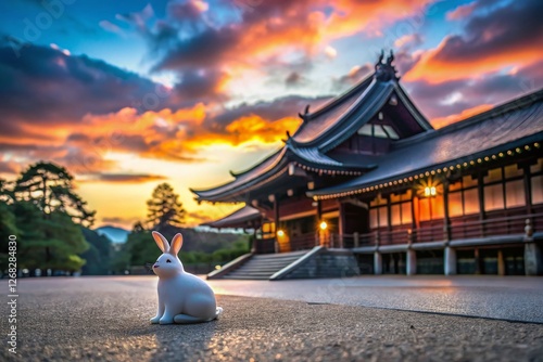 Silhouette of Izumo Taisha Shrine & White Rabbit Statue at Sunset, Japan photo