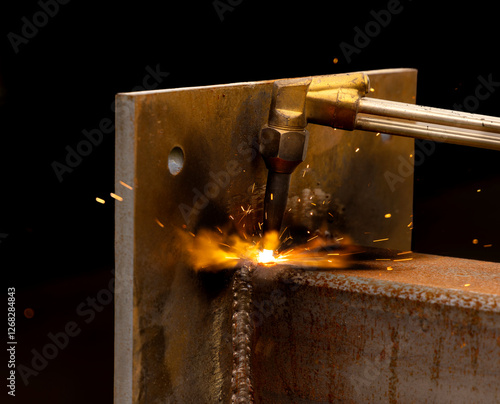 Foto Close up of a welding torch emitting fire and sparks on a metal beam