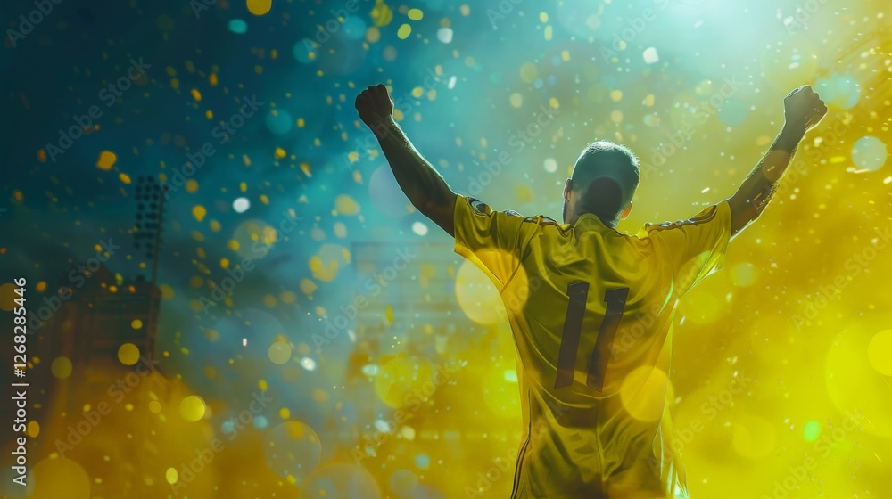 Naklejka premium A football player celebrating a goal with arms raised high with