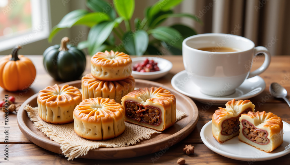 Mooncakes on wooden table with tea and pumpkins Mooncakes on wooden table with tea and pumpkins
