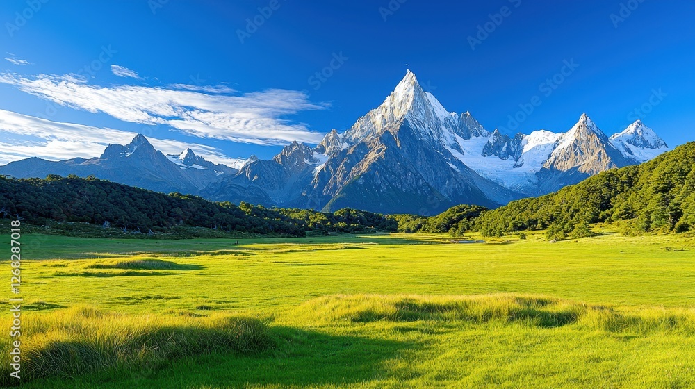 Fototapeta premium Majestic Snowcapped Mountains Rise Above Verdant Meadow