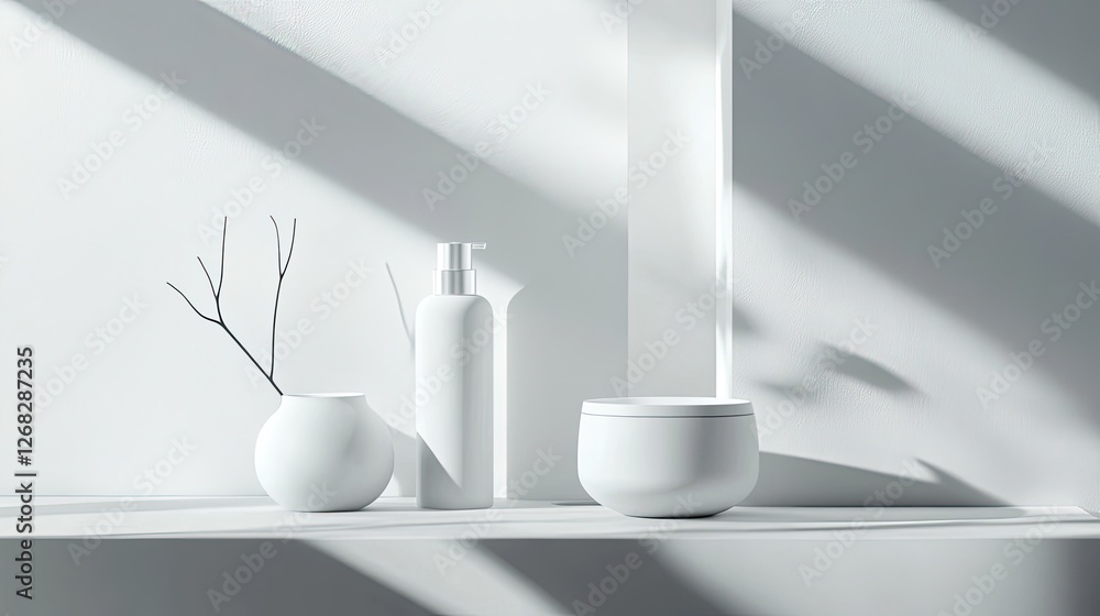 White Cosmetic Products and Twig in Vase on Shelf with Shadow White Cosmetic Products and Twig in Vase on Shelf with Shadow