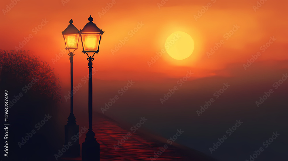 As the sun sets behind the horizon, the street lamp begins to glow softly, casting a warm light on the pavement below. Phantom-Lit Street Lamps. Illustration As the sun sets behind the horizon, the street lamp begins to glow softly, casting a warm light on the pavement below. Phantom-Lit Street Lamps. Illustration