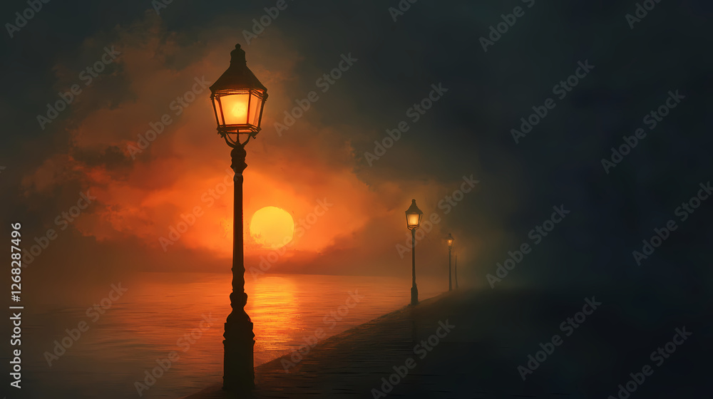 As the sun sets behind the horizon, the street lamp begins to glow softly, casting a warm light on the pavement below. Phantom-Lit Street Lamps. Illustration As the sun sets behind the horizon, the street lamp begins to glow softly, casting a warm light on the pavement below. Phantom-Lit Street Lamps. Illustration