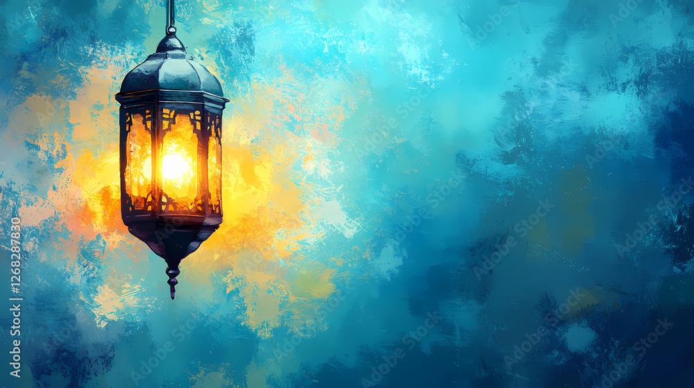 Greeting you with eid mubarak and ramadan kareem, featuring an islamic lantern situated behind an arabic lamp on a blue background. Phantom-Lit Street Lamps. Illustration Greeting you with eid mubarak and ramadan kareem, featuring an islamic lantern situated behind an arabic lamp on a blue background. Phantom-Lit Street Lamps. Illustration