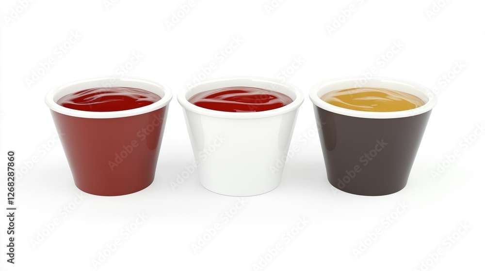 Dipping Sauce Cups Full of Ketchup, Mayonnaise, and Mustard Isolated on White Background, 3D Illustration Dipping Sauce Cups Full of Ketchup, Mayonnaise, and Mustard Isolated on White Background, 3D Illustration
