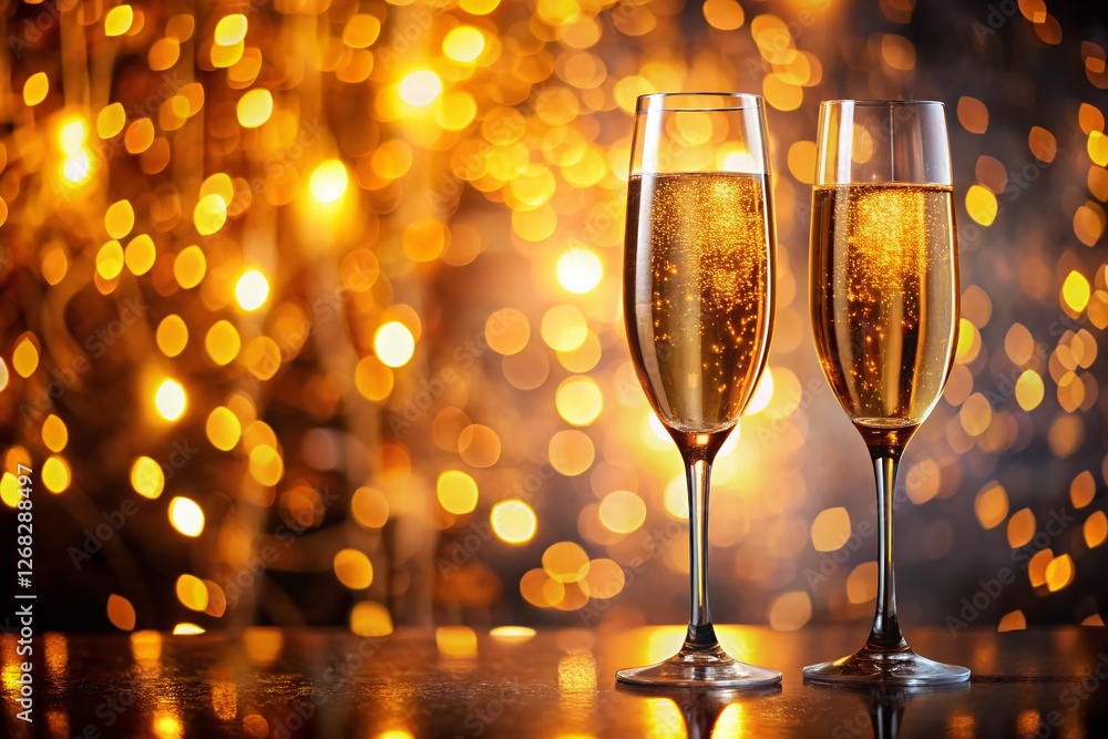 Sparkling Celebration: Champagne Flutes & Golden Lights - Festive Holiday Stock Photo Sparkling Celebration: Champagne Flutes & Golden Lights - Festive Holiday Stock Photo