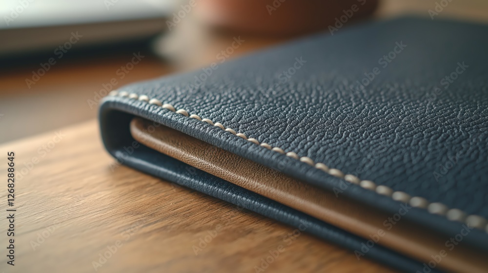 Dark Blue Leather Wallet On Wooden Surface Accessories