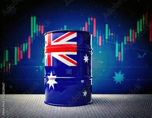 Oil barrel with Australian flag in front of financial market graphs and charts photo