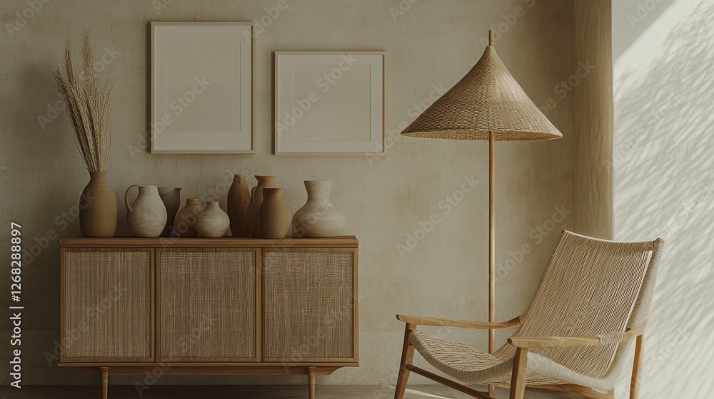 Obraz premium Calm living room, rattan furniture, sunlit wall, pottery display, interior design