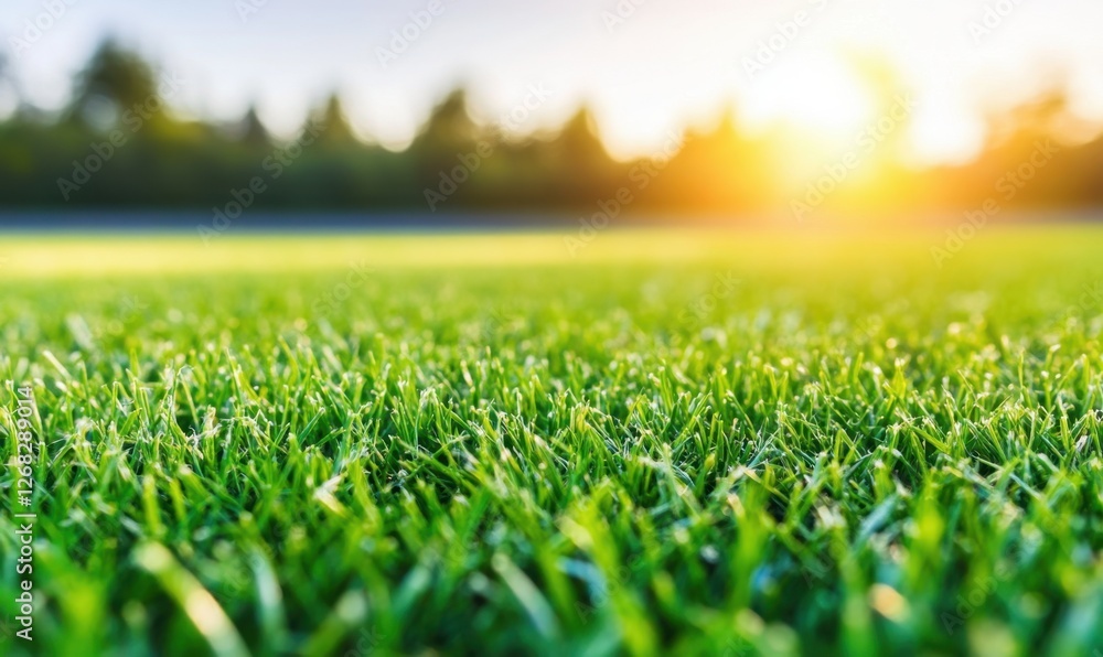 Lush green grass illuminated by warm sunlight during a tranquil evening in a park setting Lush green grass illuminated by warm sunlight during a tranquil evening in a park setting