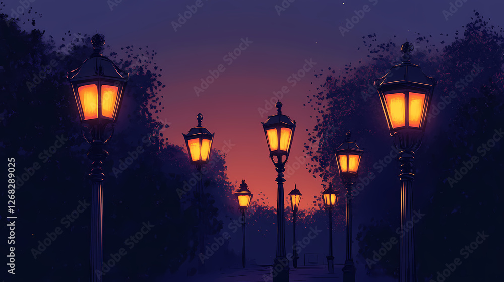 Illuminated classic black street lamp post design. Phantom-Lit Street Lamps. Illustration Illuminated classic black street lamp post design. Phantom-Lit Street Lamps. Illustration