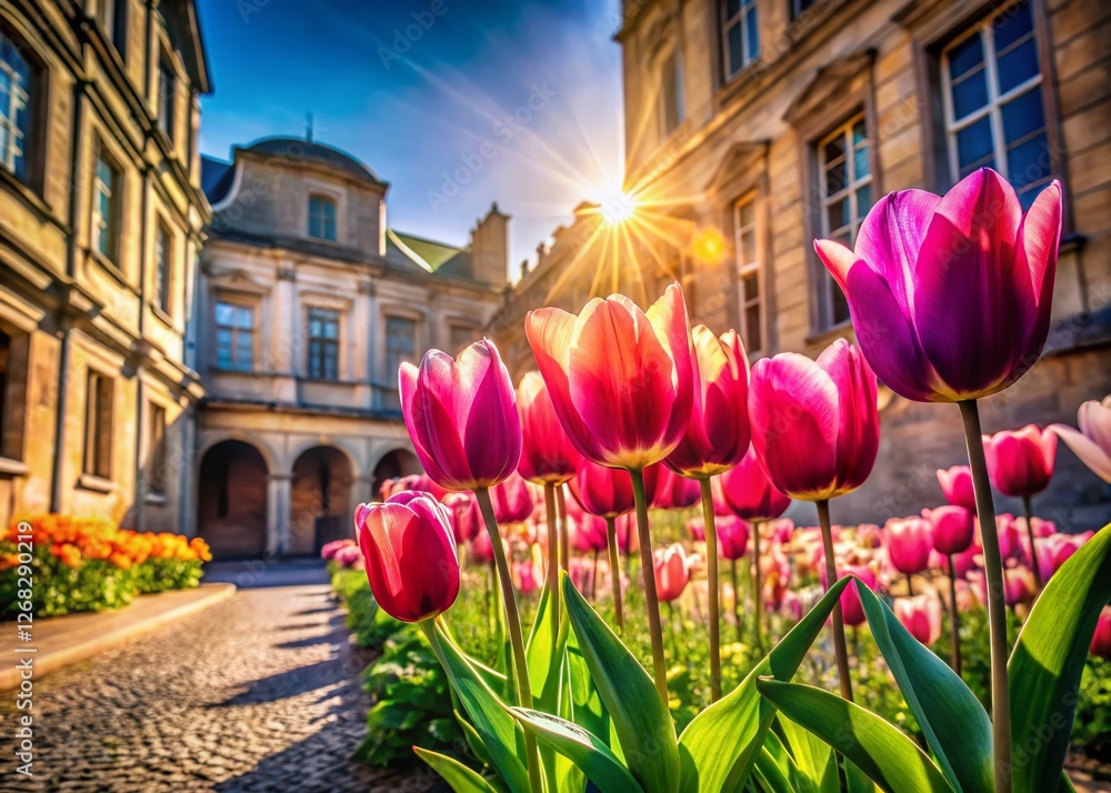 Fototapeta premium Spring Tulips Blooming in Architectural Courtyard, Vibrant Floral Display