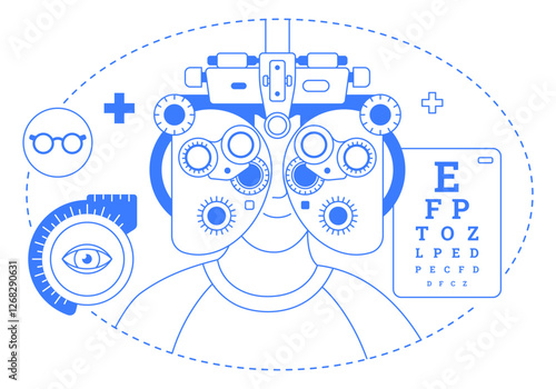 Eye exam and vision testing line art illustration. Ophthalmology one color graphic. Optometry and eyecare service elements isolated on white background. Infographic with icons. Editable stroke.