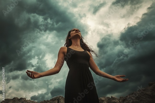 A remarkable woman standing tall against a dramatic backdrop, symbolizing strength and determination