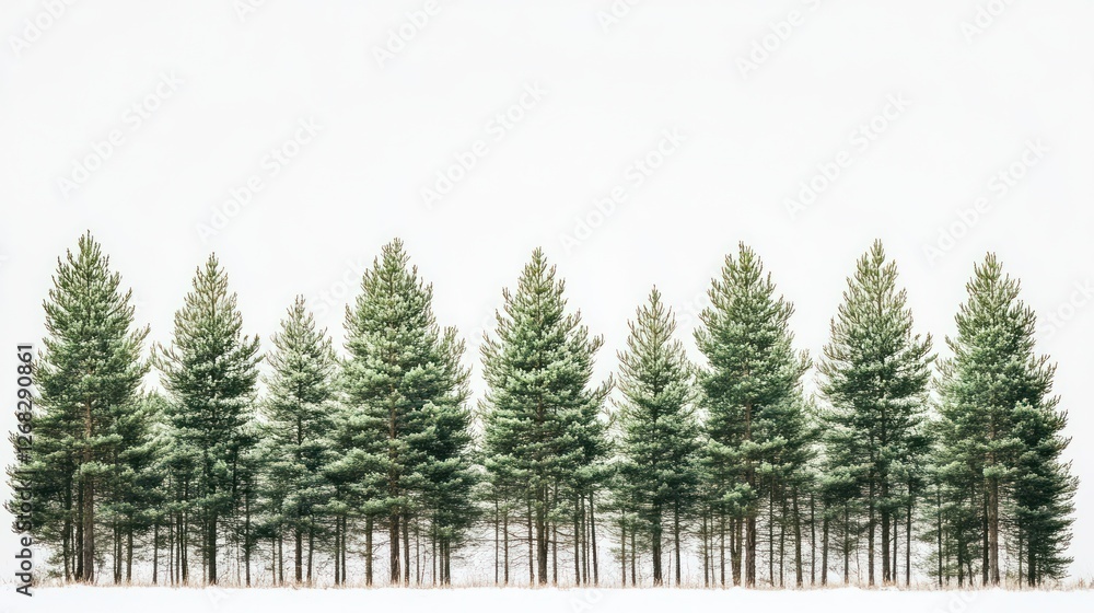 Fototapeta premium Snowy pine trees line, winter landscape, minimal, nature, postcard